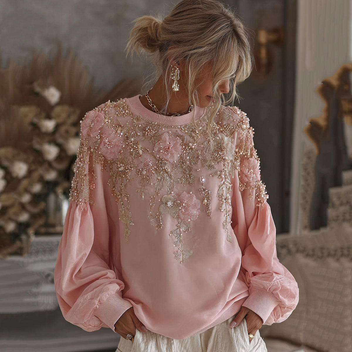 Women's Vintage Pink Rose Embroidery Art Round Neck Casual Sweatshirt artswardrobe