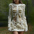 Women's Vintage Halloween Skeleton Bones With Glitter And Rose Art Cozy Knit Mini Sweater Dress artswardrobe
