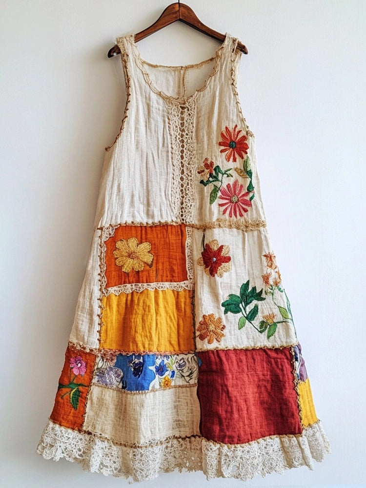 Boho Floral Lace Patchwork Linen Blend Dress artswardrobe