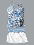 Light Blue Floral Print Suspender Skirt Tankini Pantskirt Set Swimsuit