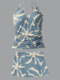V-Neck Blue Abstract Geometric Flowers Print Suspender Skirt Tankini Pantskirt Set Swimsuit