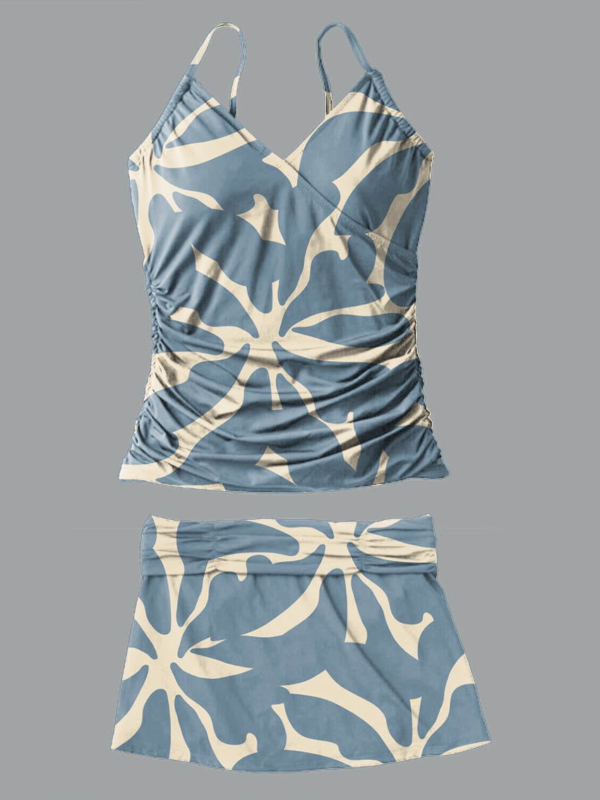 V-Neck Blue Abstract Geometric Flowers Print Suspender Skirt Tankini Pantskirt Set Swimsuit