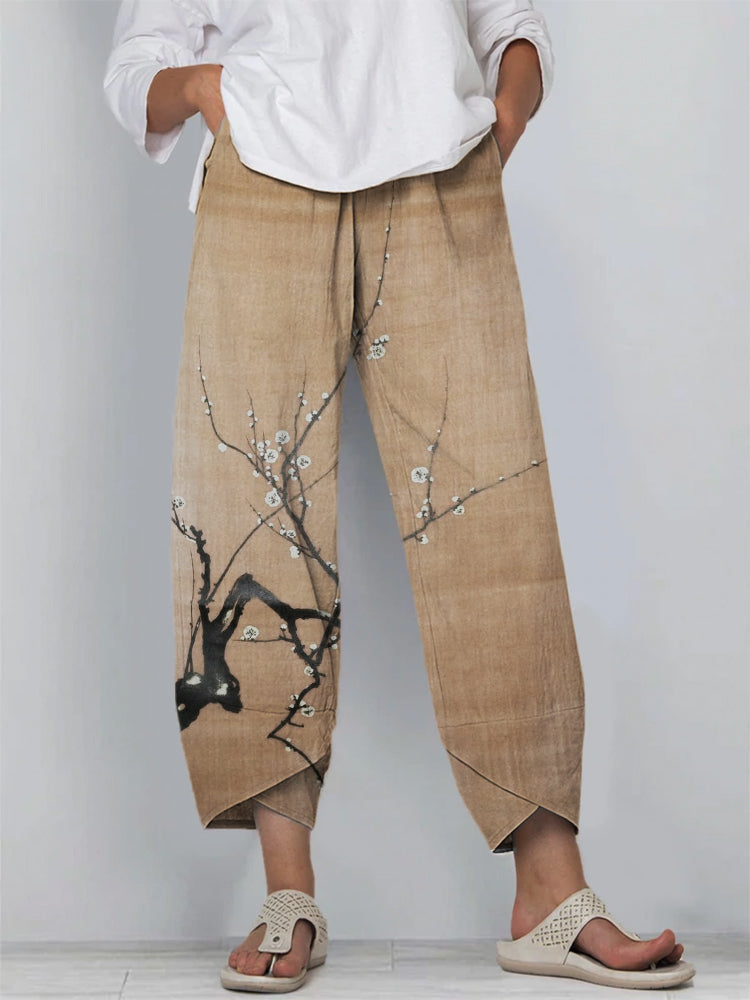 Comstylish Simple Plum Blossom Japanese Art Linen Blend Cropped Pants