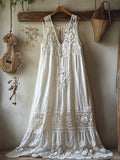 Boho Floral Hollow Lace Patchwork Linen Maxi Dress artswardrobe