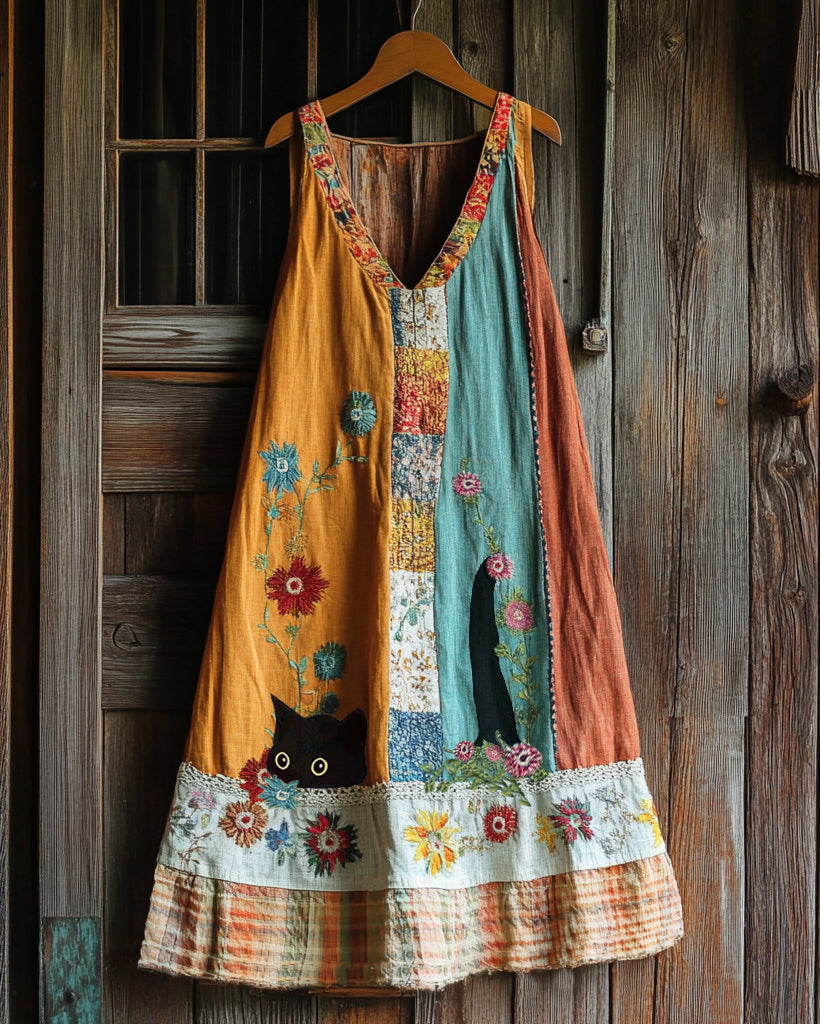Vintage Black Cat And Patchwork Linen Tank Dress artswardrobe