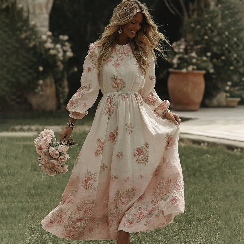 Women's Vintage Pink Rose Art Flowy Maxi Dress