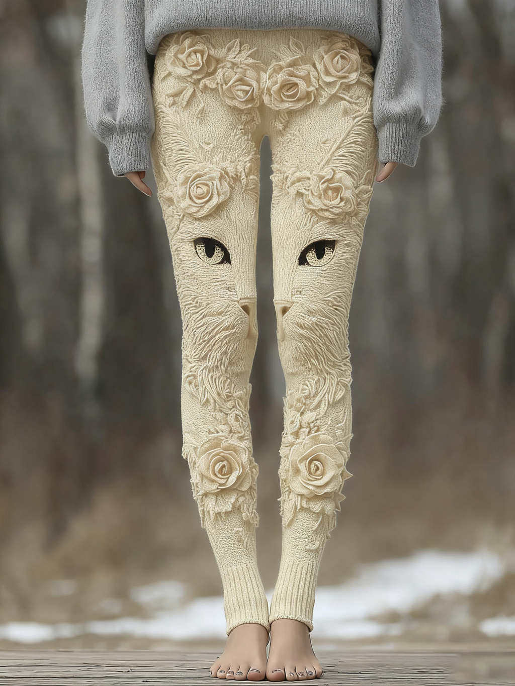 Comstylish Vintage Cute Cat Face With Roses Art Embroidered Cozy Knit Leggings