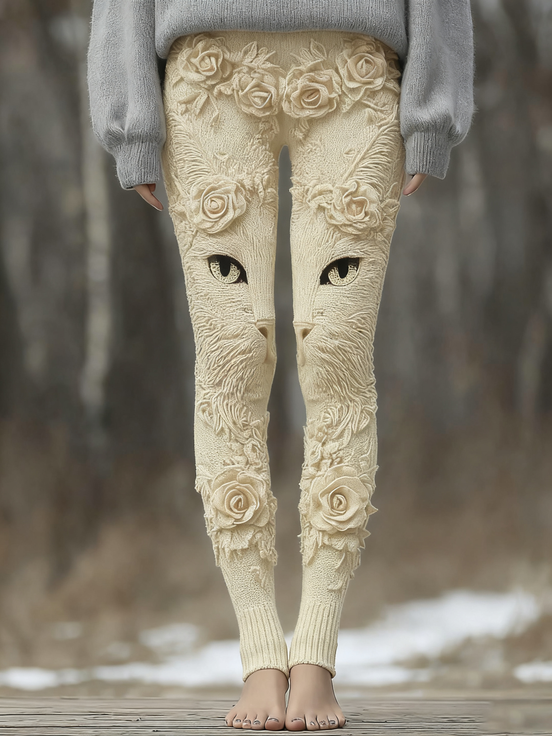 Comstylish Vintage Cute Cat Face With Roses Art Embroidered Cozy Knit Leggings