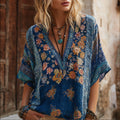 Vintage Knitted Three-dimensional Embroidered Flower V-neck Short-sleeved Shirt artswardrobe
