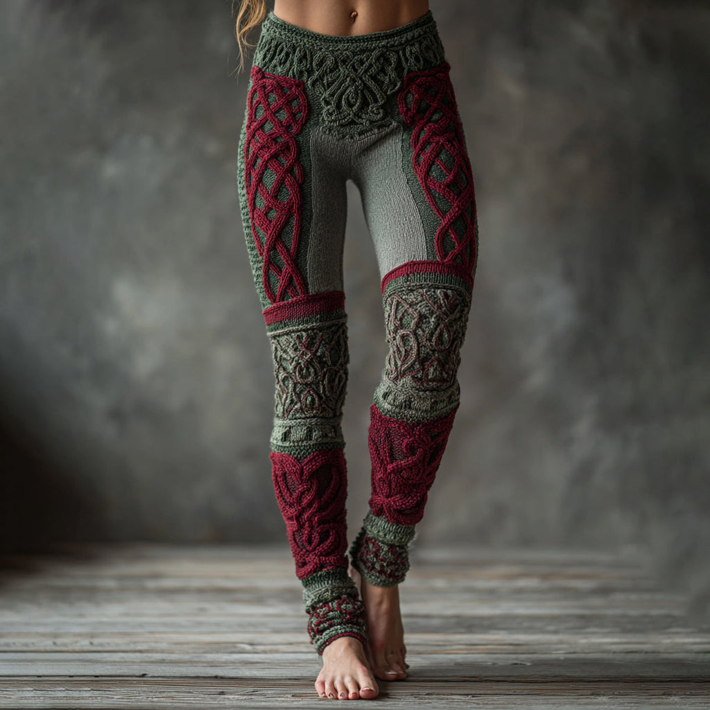 Comstylish Christmas Celtic Knot Knit Jacquard Cozy Leggings