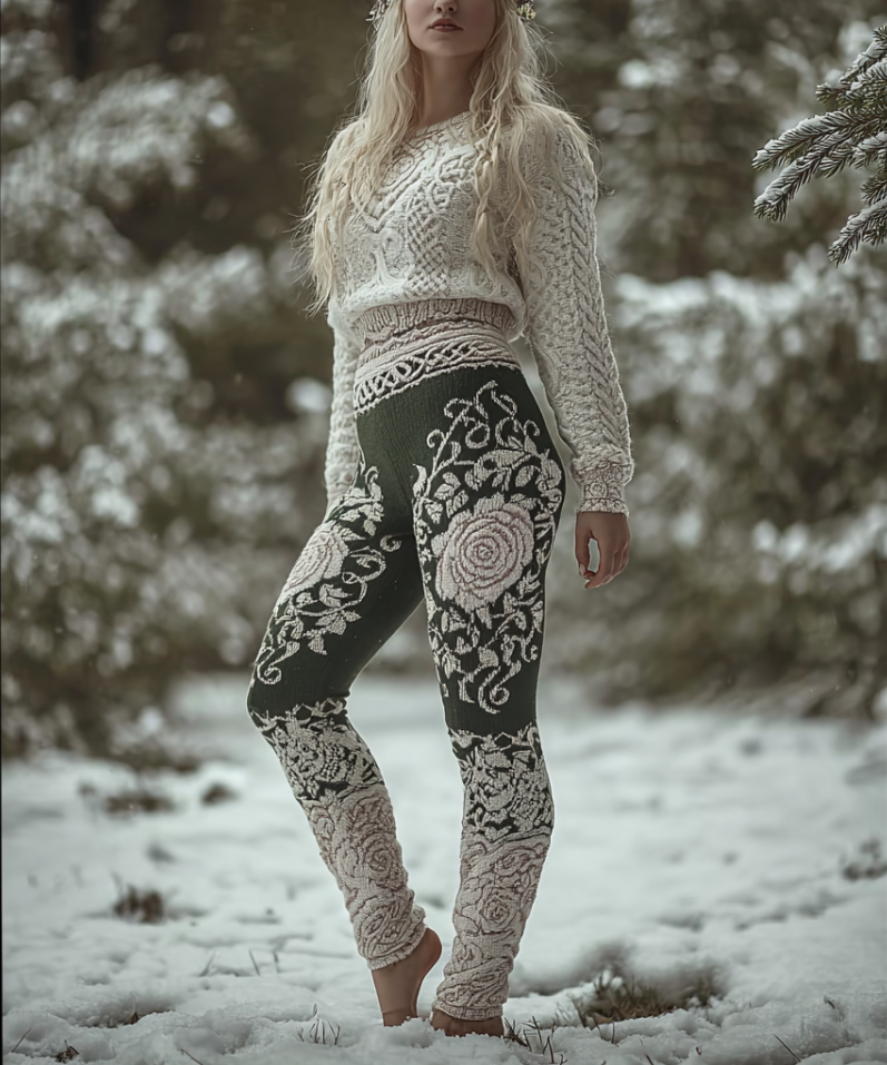 Comstylish Viking Retro Rose Women's Knitted Tight-fitting Leggings