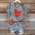 Women's Heart Art Print V-Neck Cotton T-Shirt