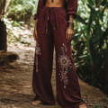 Vintage Bohemian Holiday Style Floral Art Printed Cotton Linen Wide Leg Pants artswardrobe