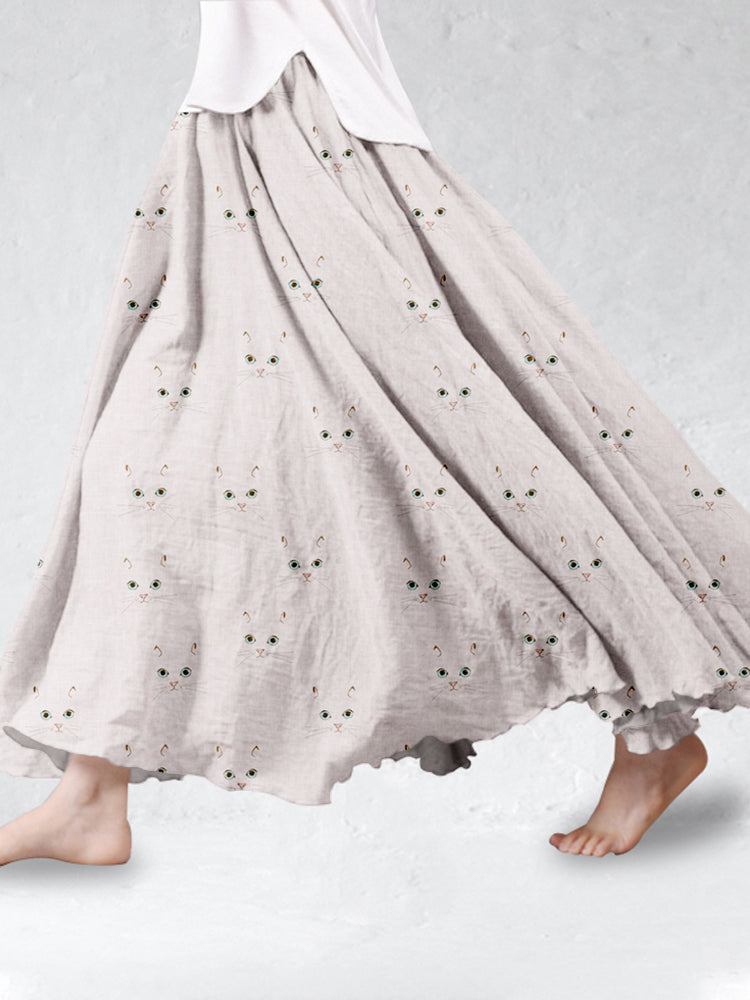 Comstylish Cute Cat Face Pattern Linen Blend Flowy Wide Skirt