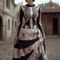 Comstylish Women's Halloween Skeleton And Lace Round Neck Vintage Dress
