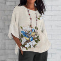 Women's Apricot Blossom And Kingfisher Embroidery Art  Loose Crew Neck Tops artswardrobe