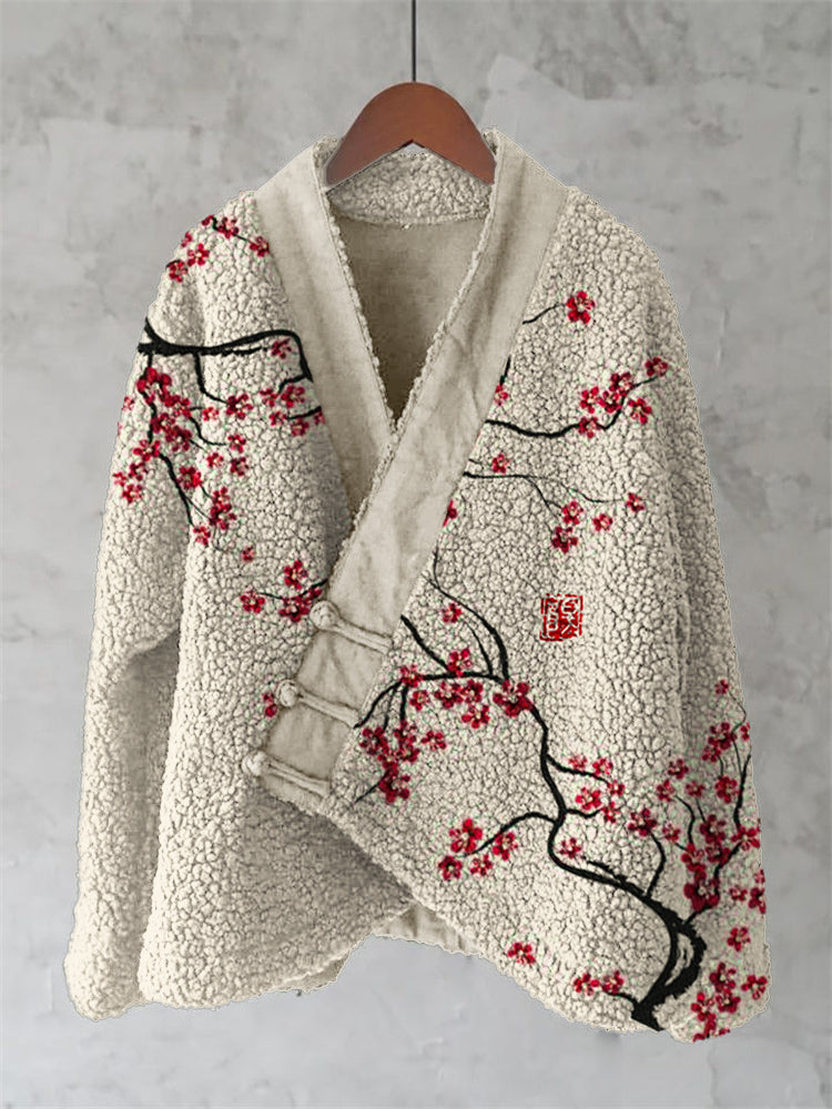 Comstylish Plum Blossom Japanese Brush Art Cozy Fleece Kimono Cardigan