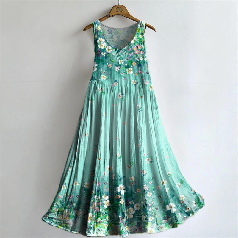 Women's Floral Art Print V-Neck Pocket Cotton Dress