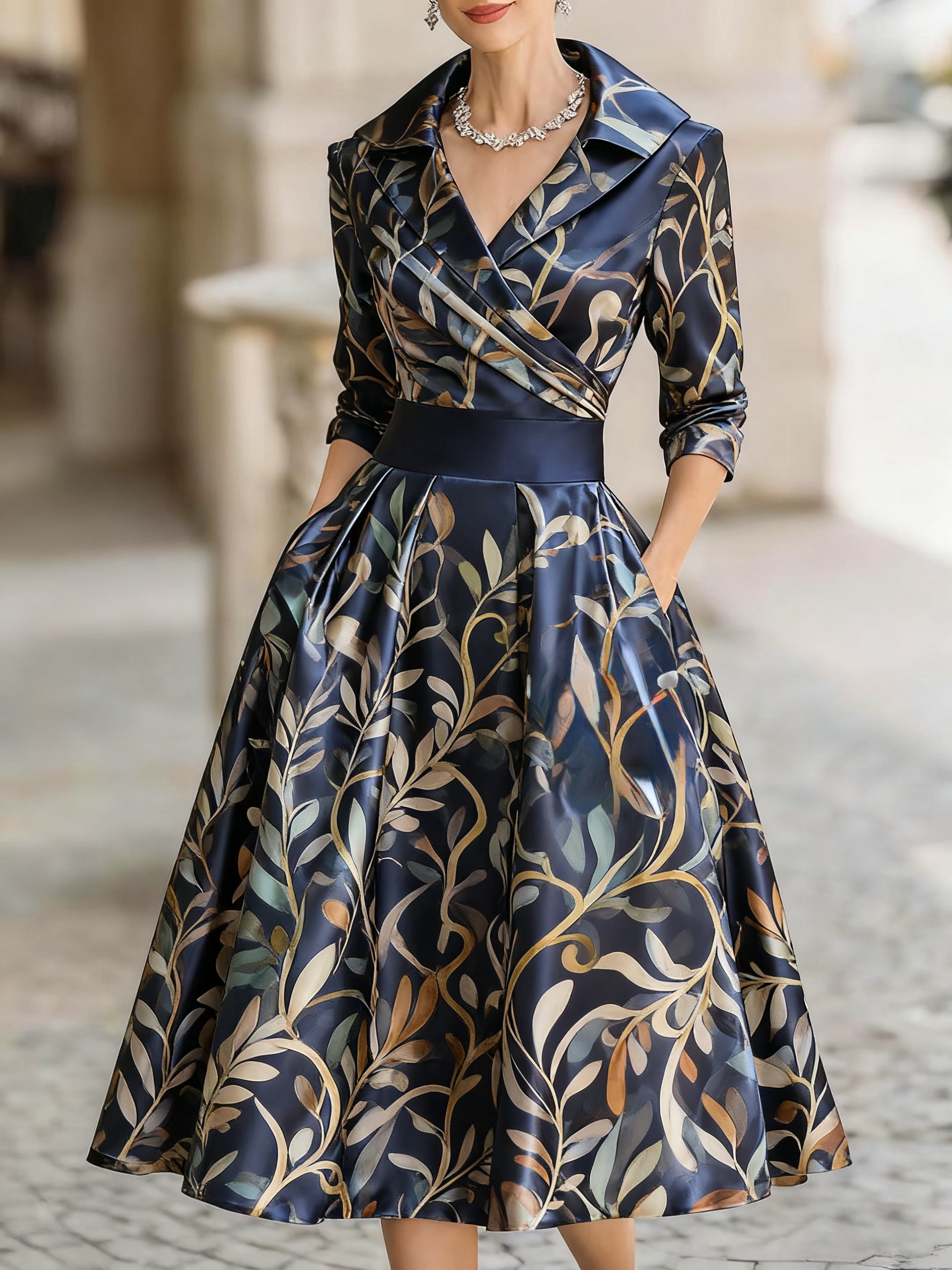 Women's vintage patterned jacquard floral mid-length dress
