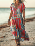 Women's Bohemian Ethnic Collage Art Pattern Print Pocket Cotton Dress
