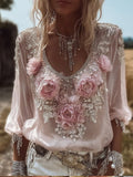 Comstylish Women's Three-dimensional Floral Vintage Casual Long-sleeved Top