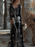 Comstylish Vintage Skeleton White Roses Cozy Velvet Maxi Dress