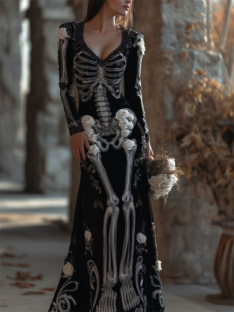 Comstylish Vintage Skeleton White Roses Cozy Velvet Maxi Dress