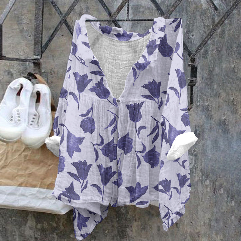 Comstylish Ladies Floral Pattern Casual Cotton Linen Shirt