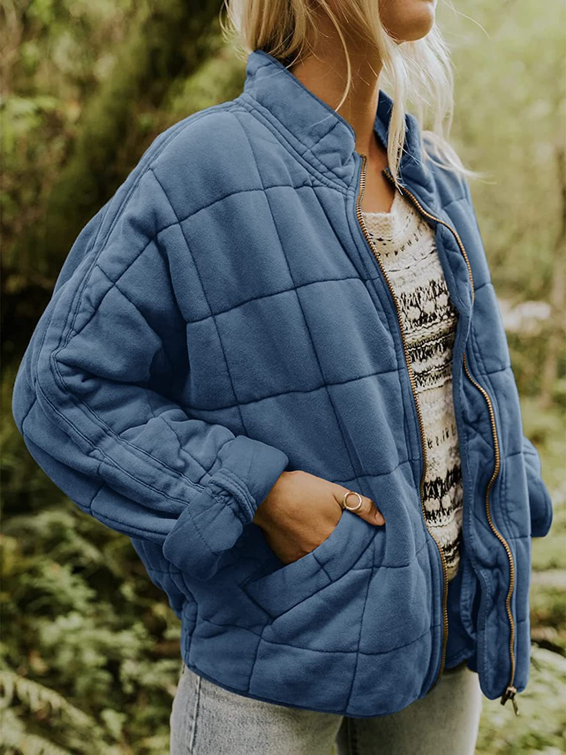 Stand collar padded loose pocket jacket
