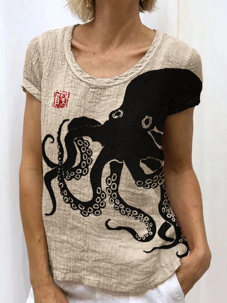 Comstylish Octopus Japanese Lino Art Linen Blend Tunic