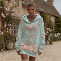 Comstylish Women's Vintage Pink Rose Pearl Embroidery Pattern Cotton Long Hoodie