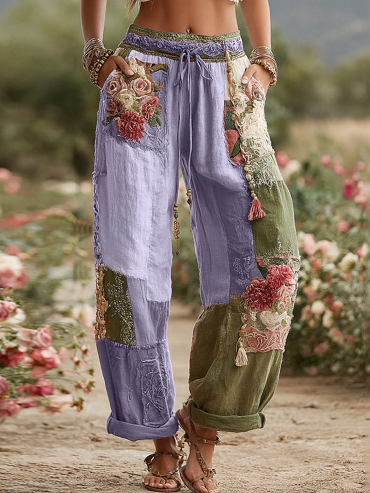 Love & Health Collection Retro Rose And Floral Patchwork Art Linen Pants artswardrobe