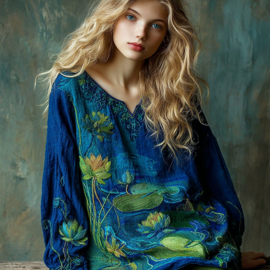 Women's Vintage Lotus Floral Landscape Art Embroidery V-neck T-shirt