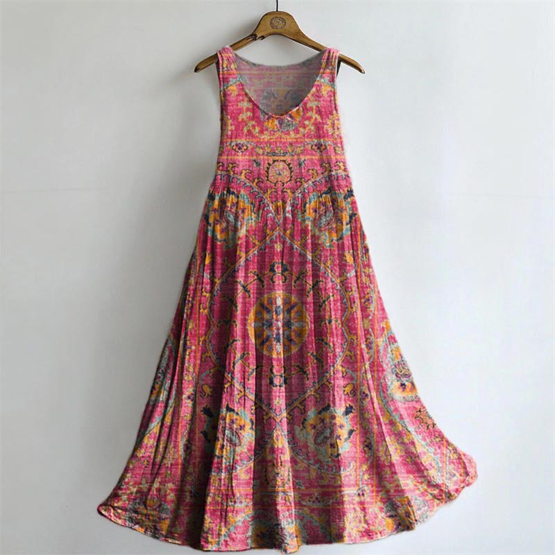 Women's Colorful Retro Totem Art Print Sleeveless Cotton Pocket Dress