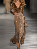 Christmas Party V-neck Champagne sequined skirt maxi dress
