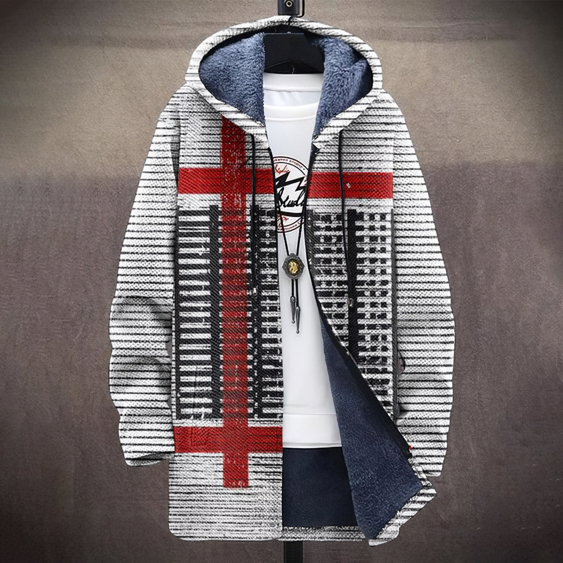 Retro QR Code Stripe Printed Plush Men'S Hooded Jacket artswardrobe