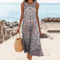 Women's Vintage Ethnic Floral Print Linen Blend Tank Midi Dress artswardrobe