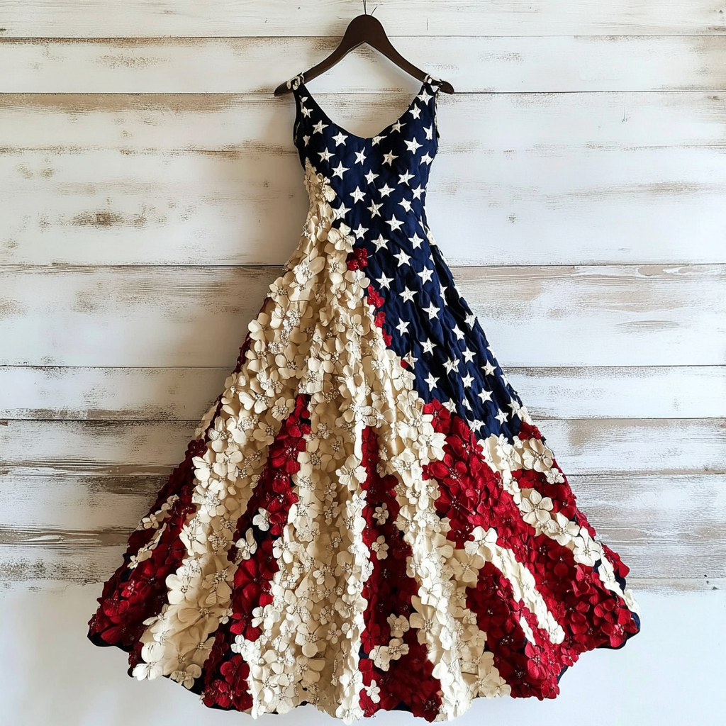 Women's Vintage Independence Day Flowers Art Linen Midi Dress artswardrobe