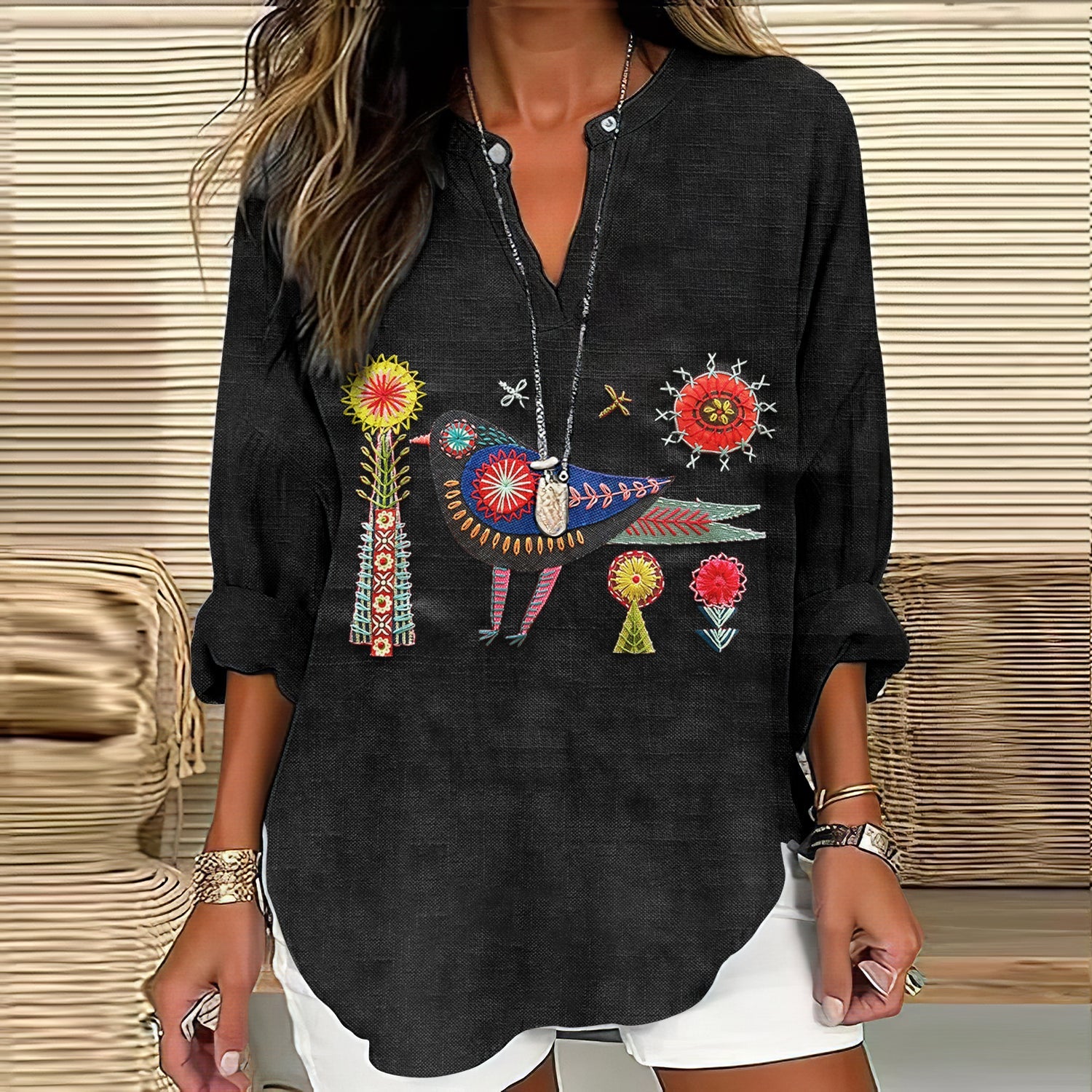 Women's Floral And Bird Embroidery Art Pattern Cotton And Linen V-neck Shirt artswardrobe