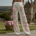 Comstylish Women's Pink Floral Embroidery Art Sweatpants