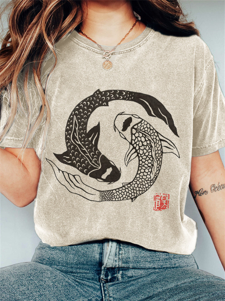 Comstylish Carp Fish Contrast Japanese Lino Art Vintage T Shirt