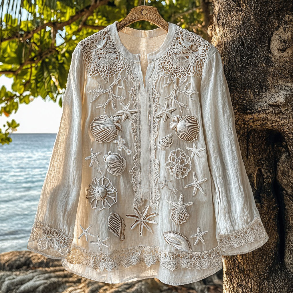 Holiday Ocean Shells Starfish Embroidered Lace Art Linen Blend Shirt artswardrobe