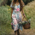 Women's Geometric Floral Art Cotton And Linen Short Sleeve Dress artswardrobe