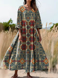 Women's Ethnic Patterned Art Printed Flowing V-Neck Cotton Dress