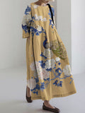 Comstylish Classy Peacock Floral Japanese Art Linen Blend Maxi Dress