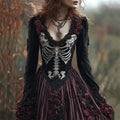 Comstylish Vintage Skeleton Scarlet Roses Beaded Velvet Maxi Dress
