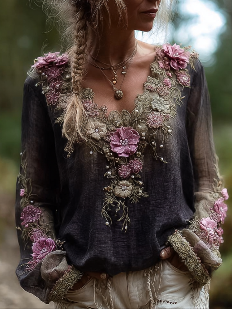 Comstylish Bohemian Style Round Neck Long Sleeve 3d Purple Flower Design Cotton And Linen Top For Women