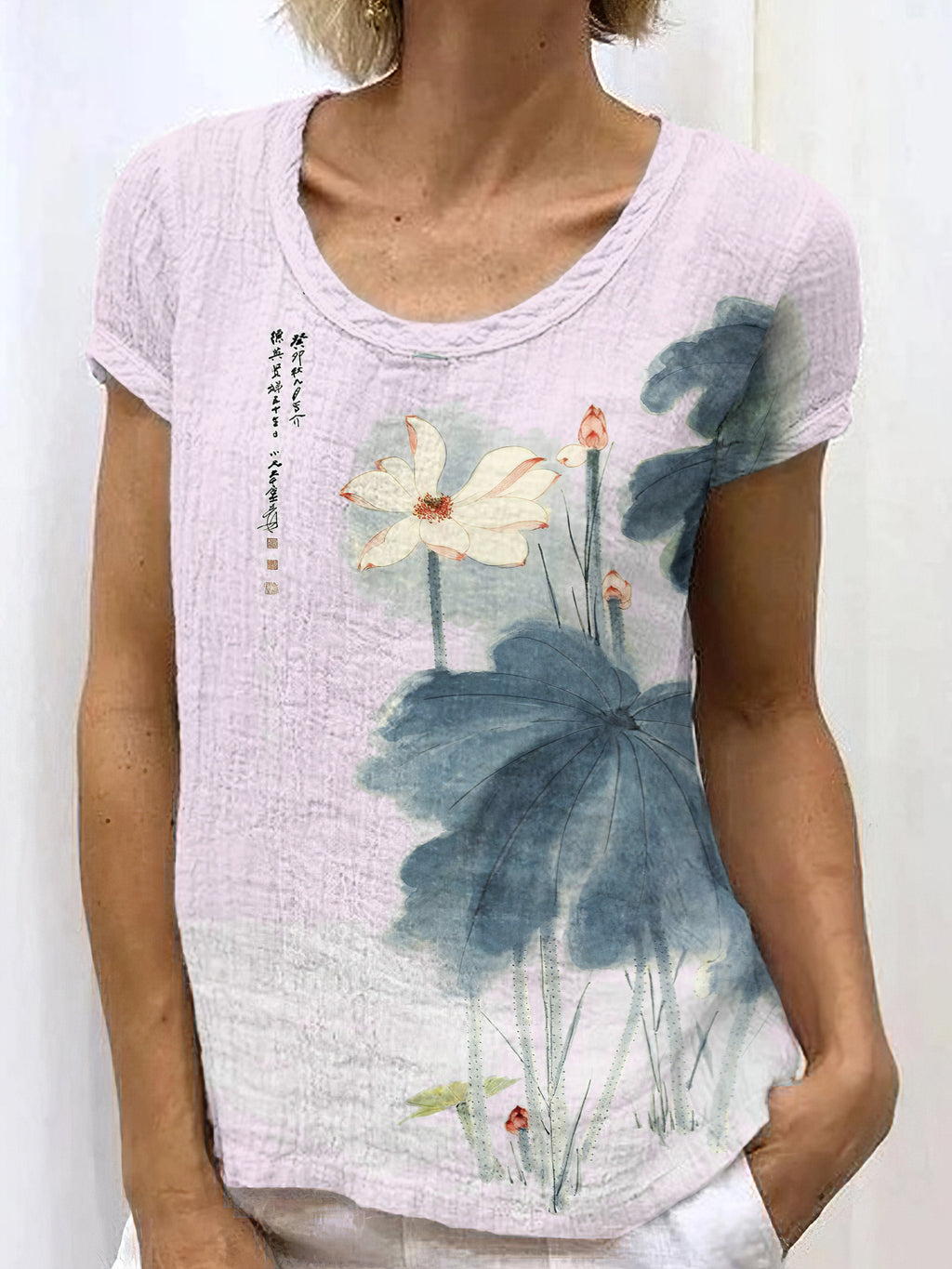 Comstylish Japanese Retro Orchid Ink Wash Painting Art Linen Casual T-Shirt