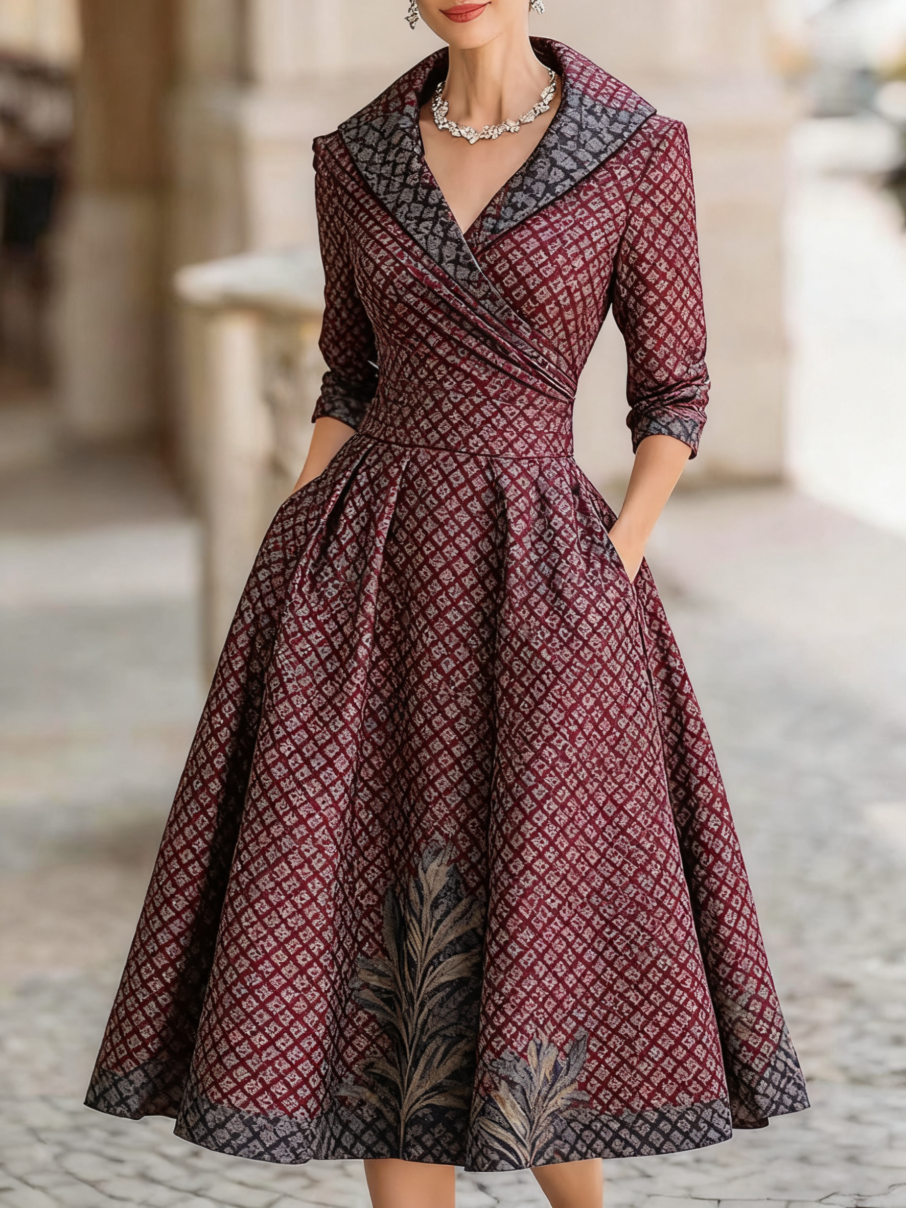 Women's retro cold jacquard print medium and long dress