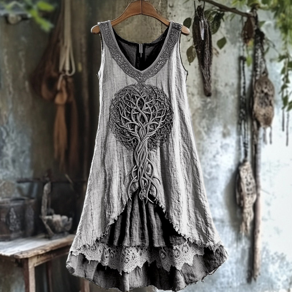 Tribal Tree Of Life Lace Patchwork Art Linen Tank Dress artswardrobe